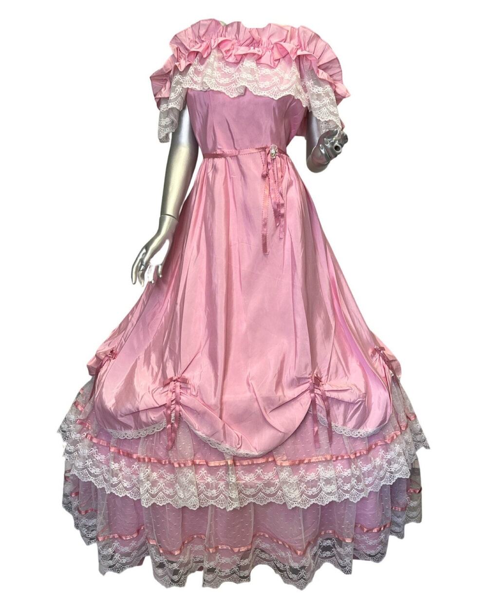 Vintage 1980s Fantasy Pink White Lace Ball Gown With Built In Hoop Med/Large